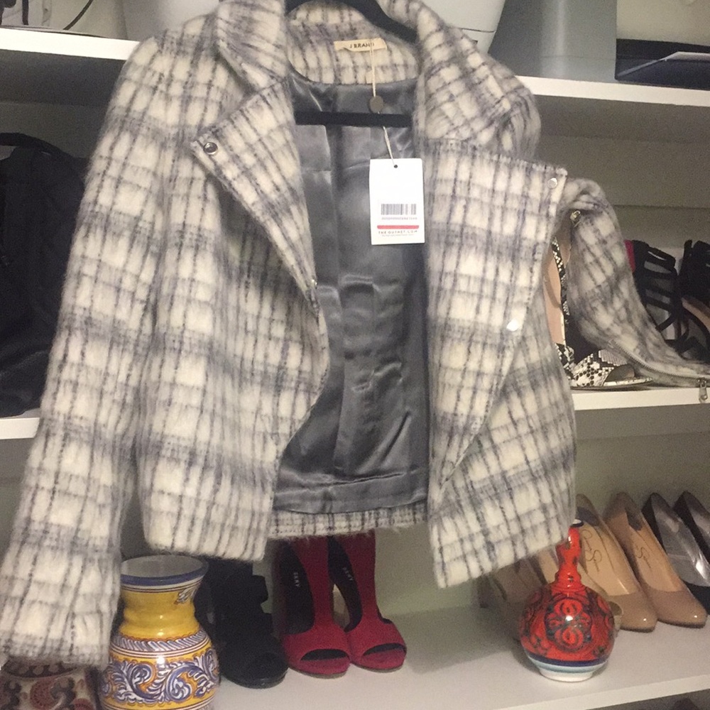 J brand plaid wool moto style coat